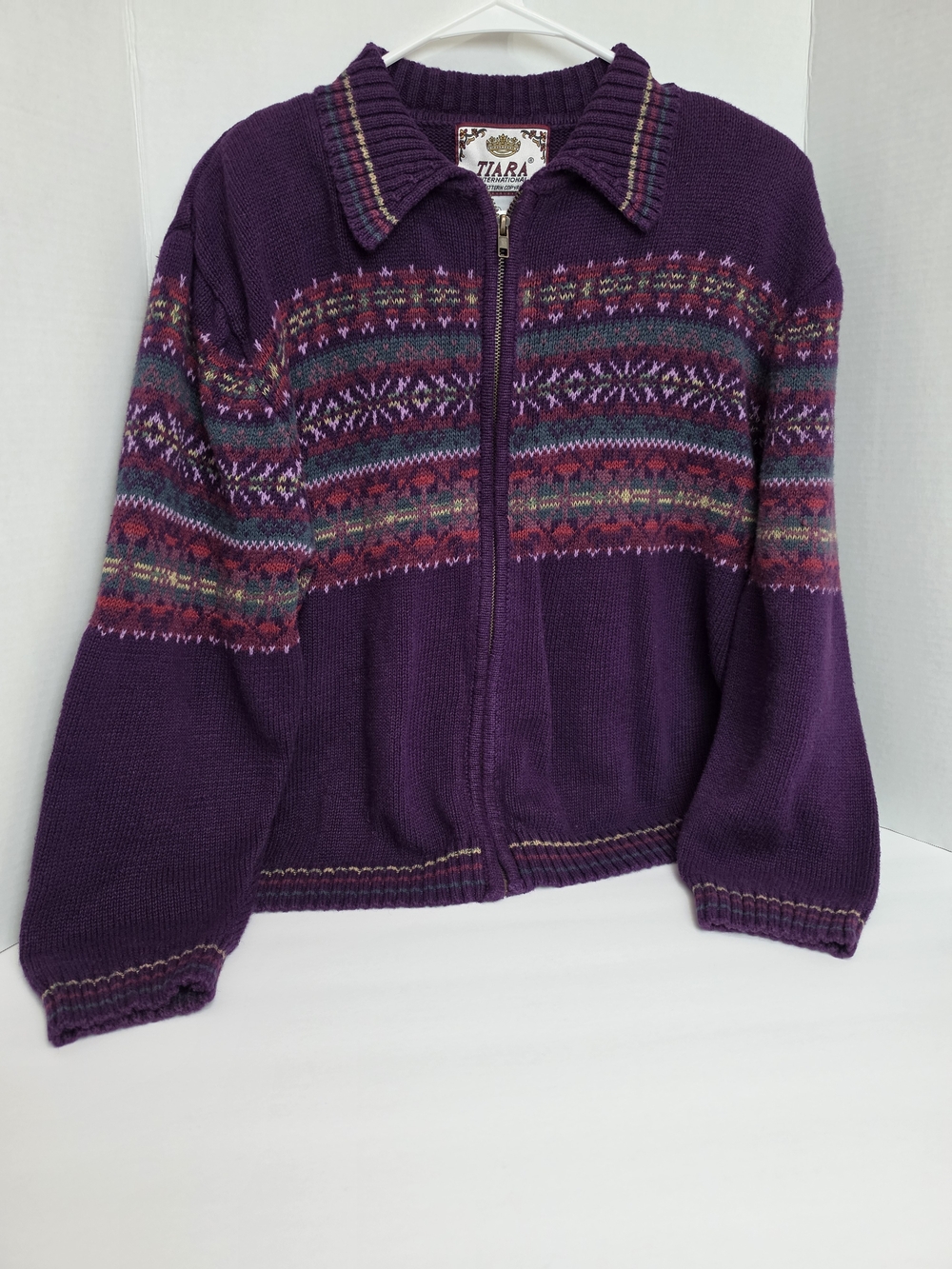 Tiara Purple Zip-Front Fair Isle Knit Jacket